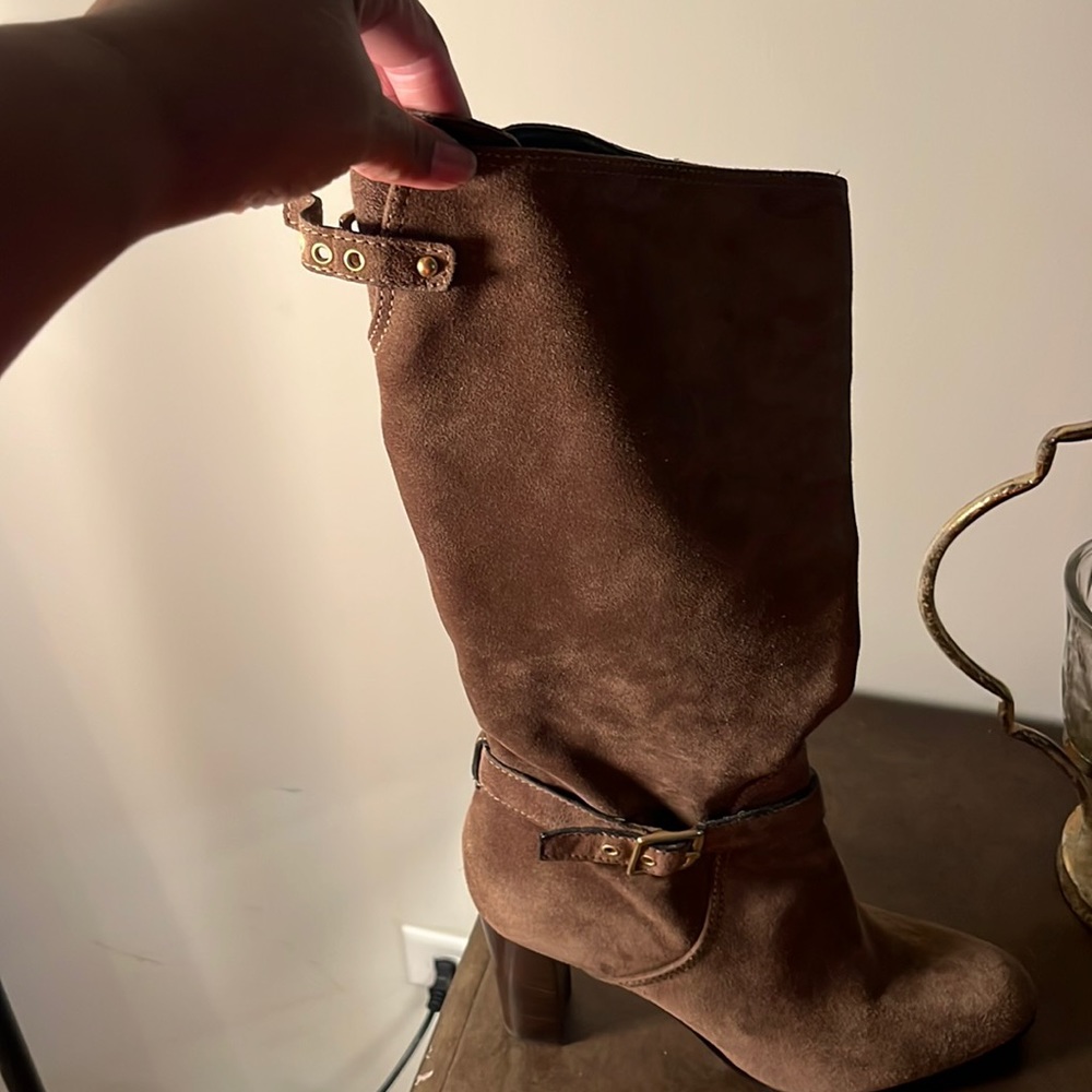 Coach olive/greenish/brown heeled boots.
